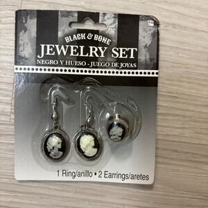 Black & Bone Cameo Jewelry Set Ring and Earrings Halloween Costume